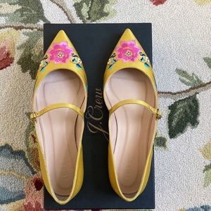 J.Crew embroidered satin Mary Jane flats in bright cumin yellow size 8.5